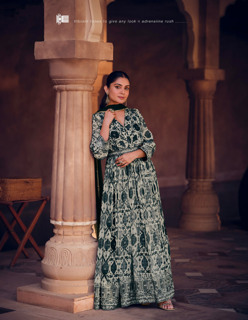 Green Floral Print Georgette Anarkali Suit with Net Dupatta