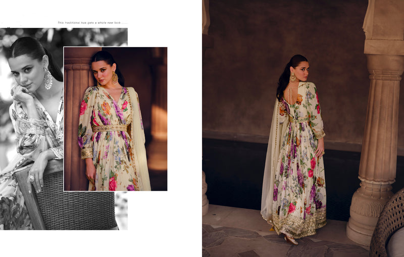 Cream Floral Embroidered Georgette Anarkali Suit with Net Dupatta