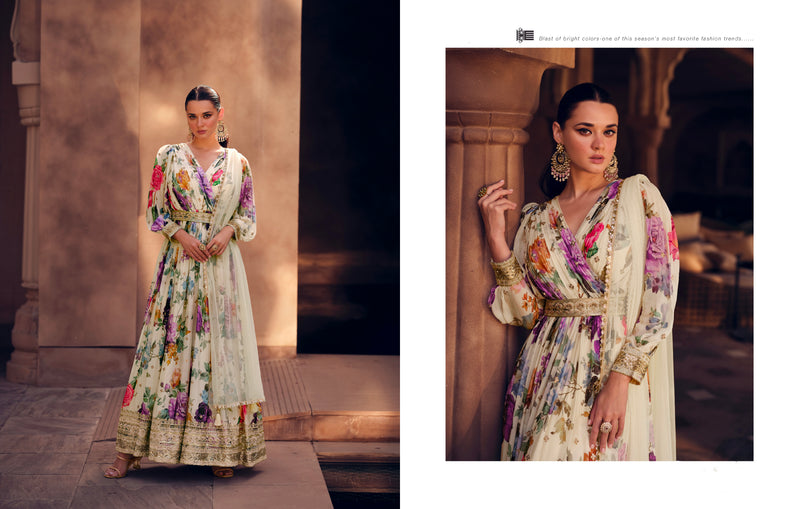 Cream Floral Embroidered Georgette Anarkali Suit with Net Dupatta