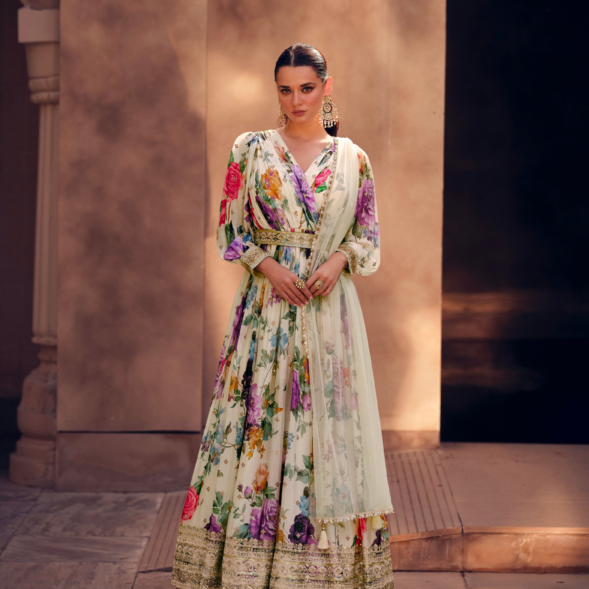 Cream Floral Embroidered Georgette Anarkali Suit with Net Dupatta