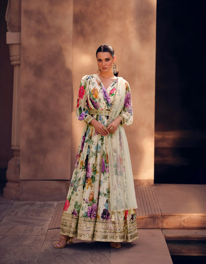 Cream Floral Embroidered Georgette Anarkali Suit with Net Dupatta
