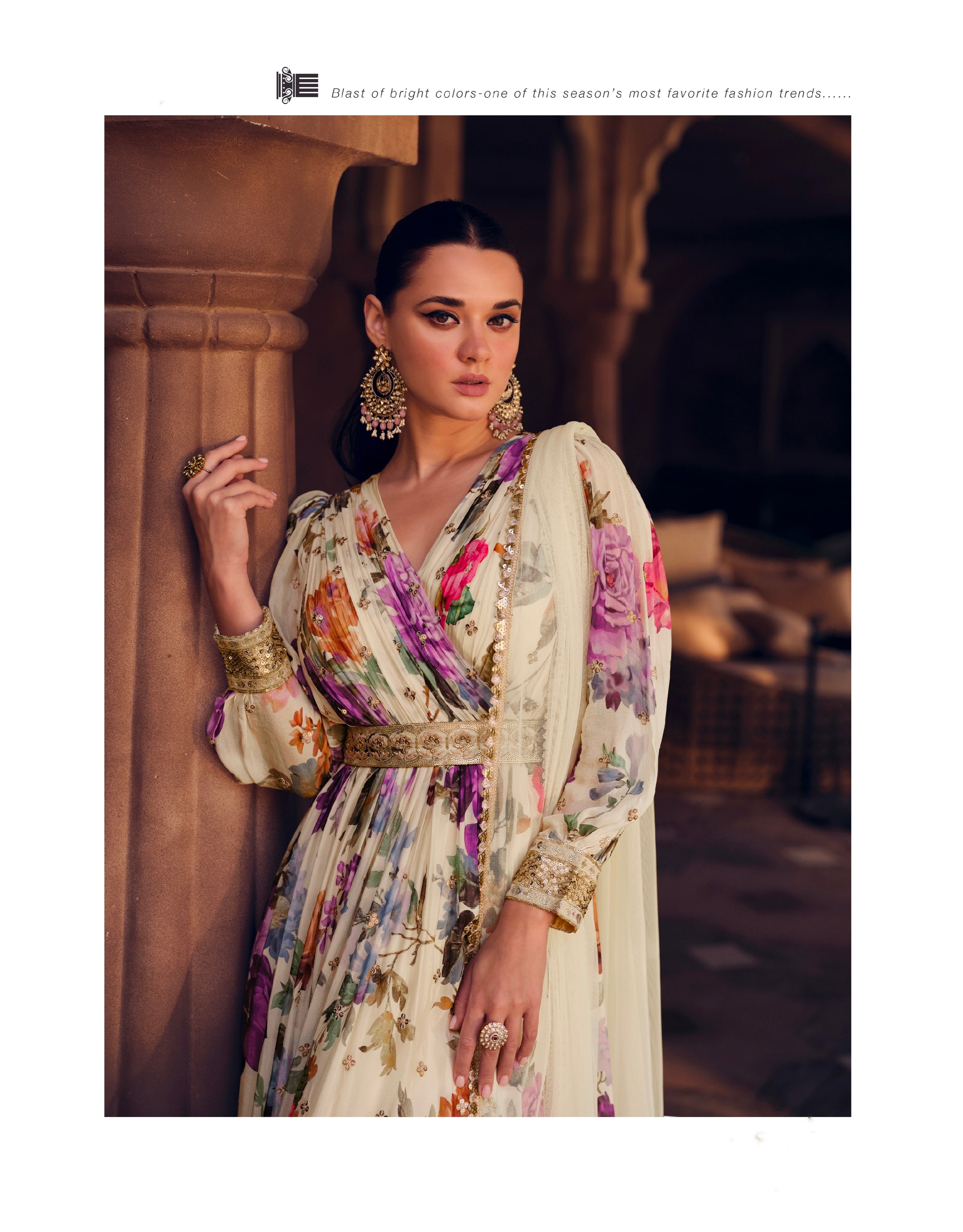 Cream Floral Embroidered Georgette Anarkali Suit with Net Dupatta