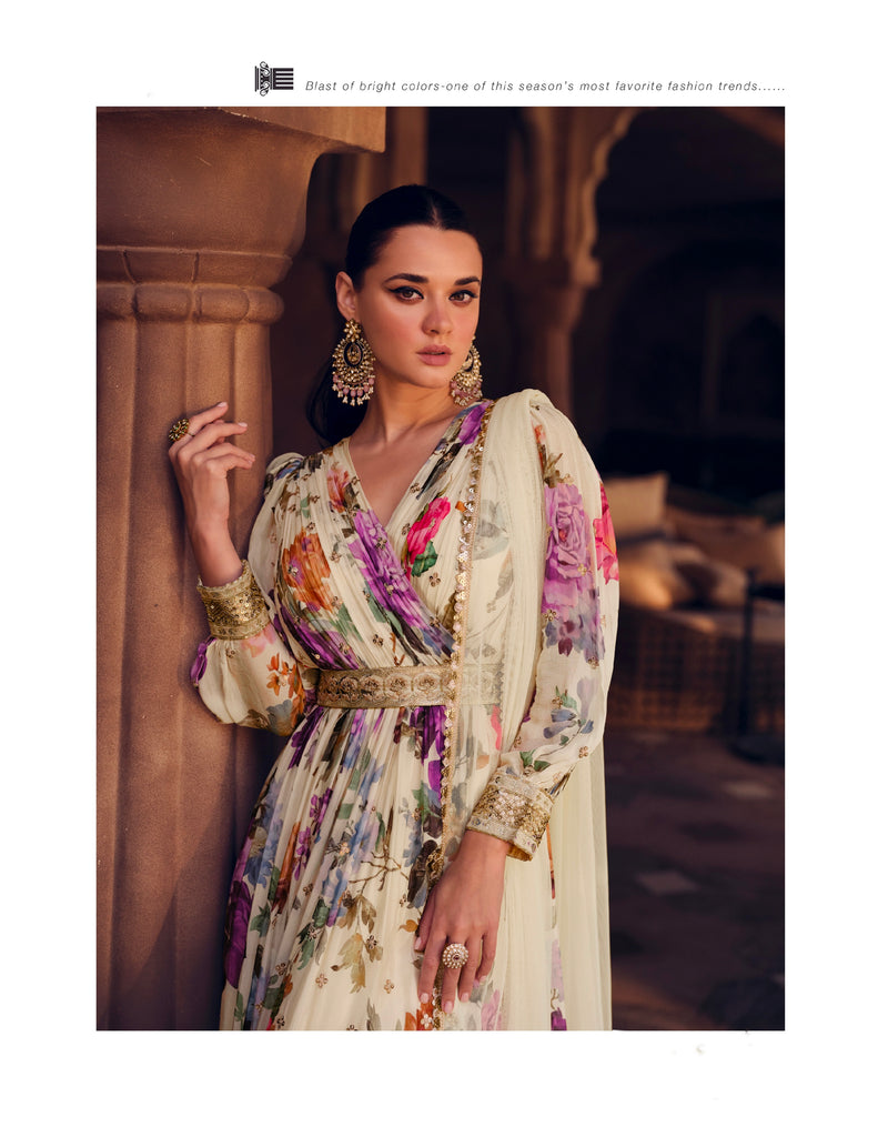 Cream Floral Embroidered Georgette Anarkali Suit with Net Dupatta