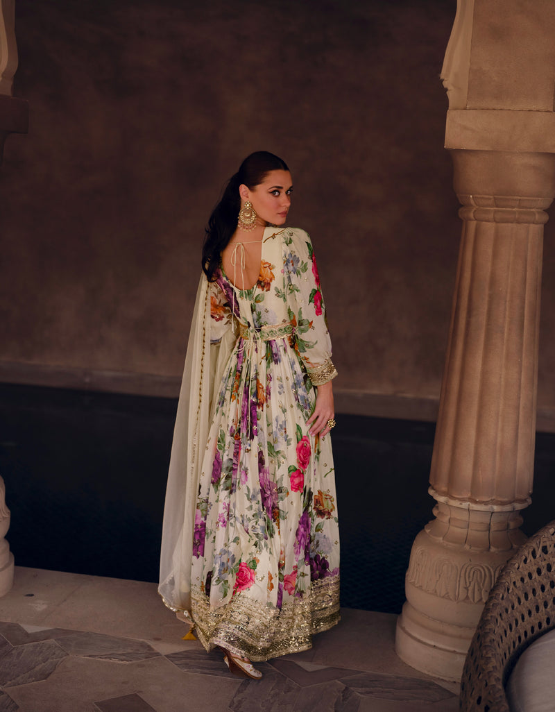 Cream Floral Embroidered Georgette Anarkali Suit with Net Dupatta