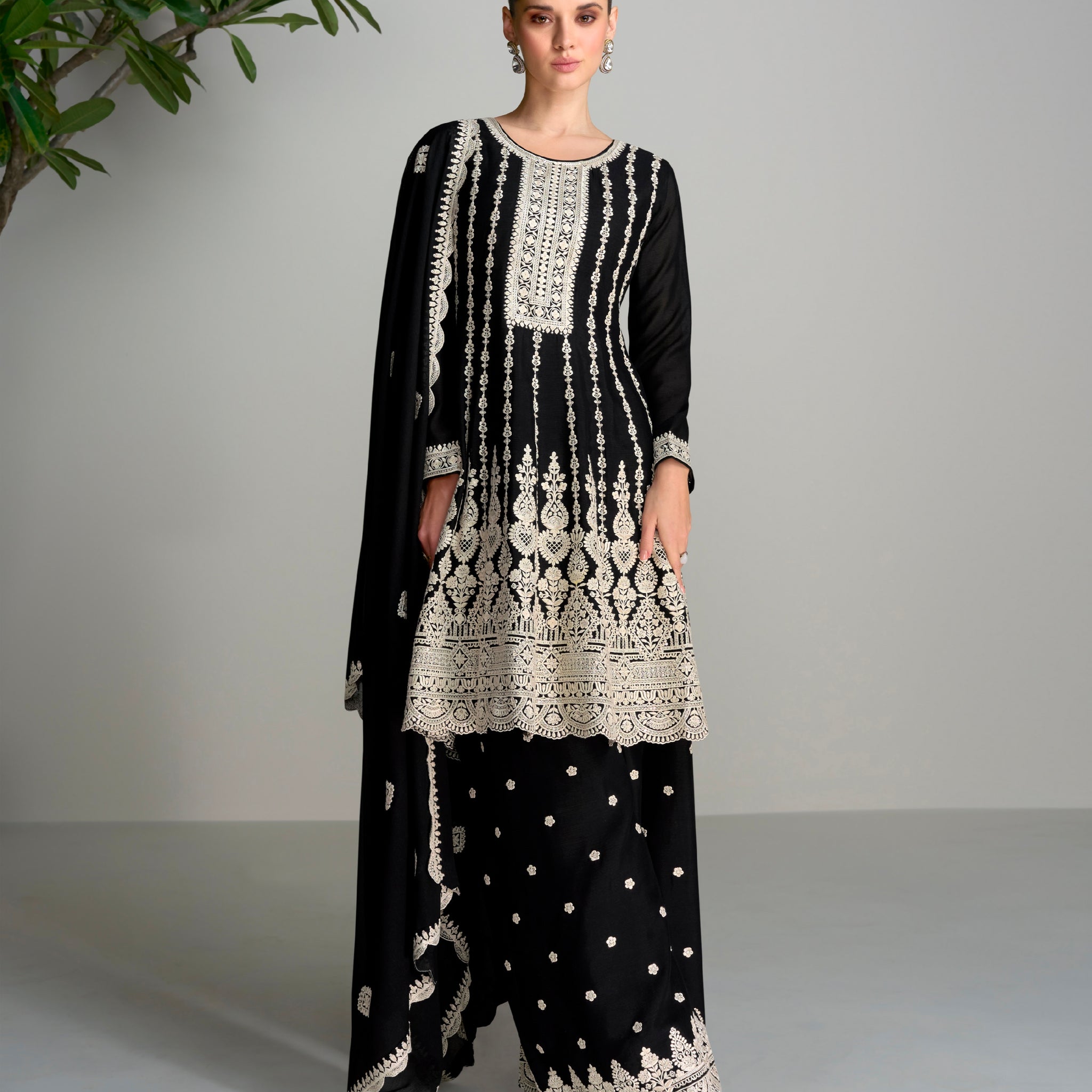 Black & White Chinnon Silk Palazzo Suit with Embroidered Dupatta