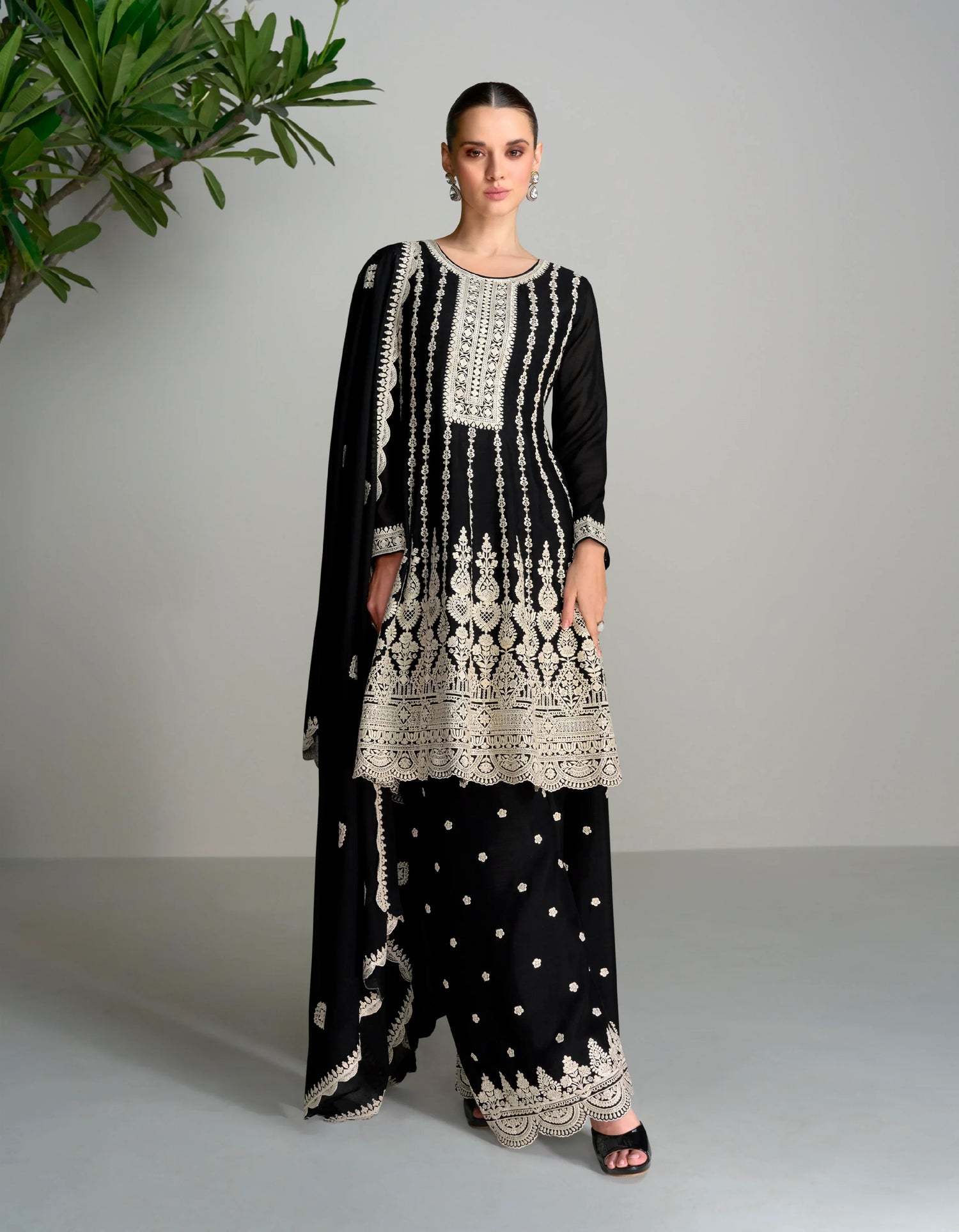Black &amp; White Chinnon Silk Palazzo Suit with Embroidered Dupatta