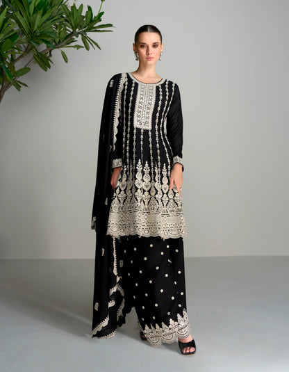 Black &amp; White Chinnon Silk Palazzo Suit with Embroidered Dupatta