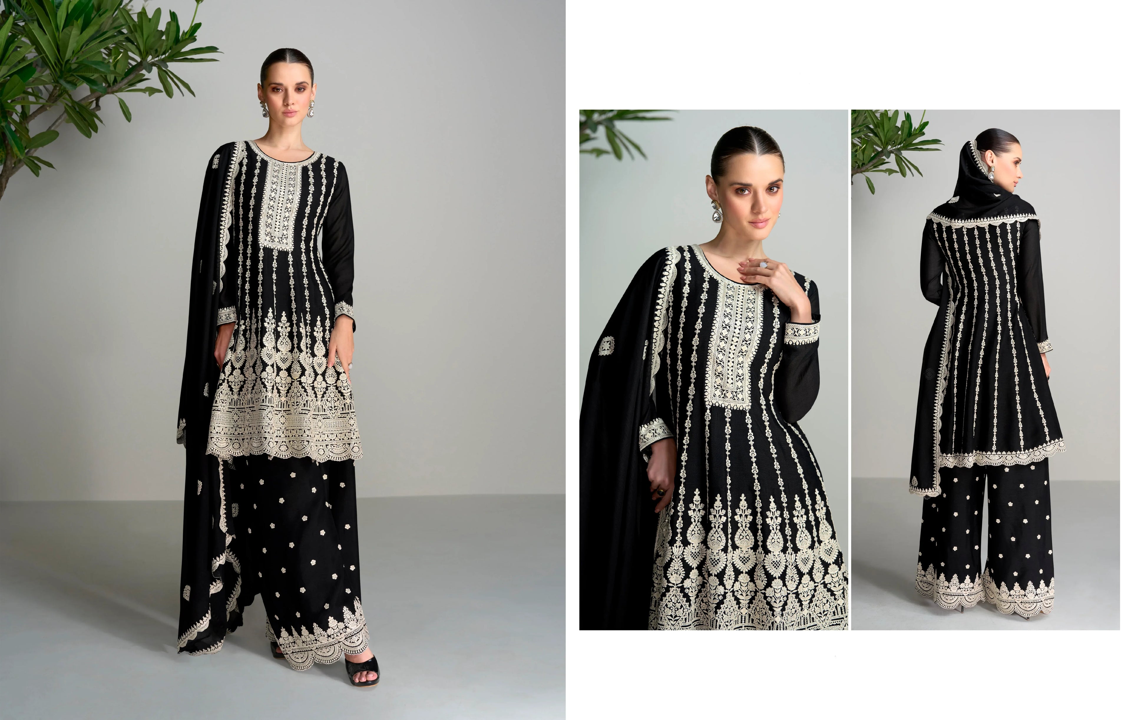 Black &amp; White Chinnon Silk Palazzo Suit with Embroidered Dupatta