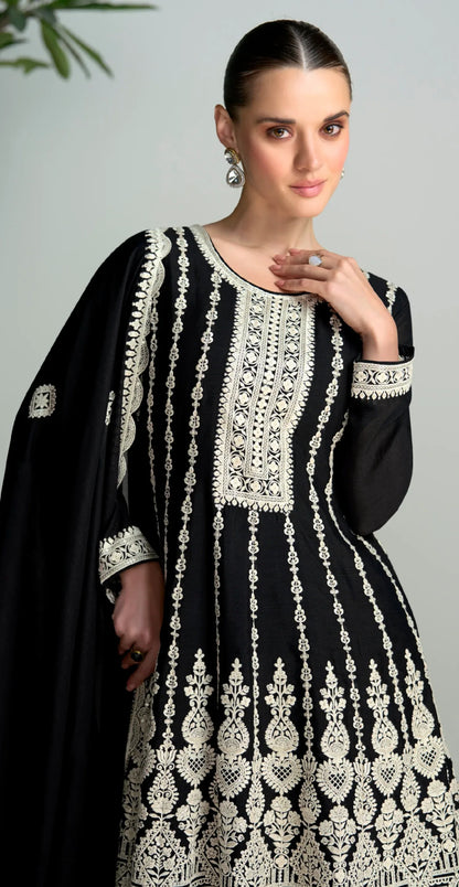 Black &amp; White Chinnon Silk Palazzo Suit with Embroidered Dupatta