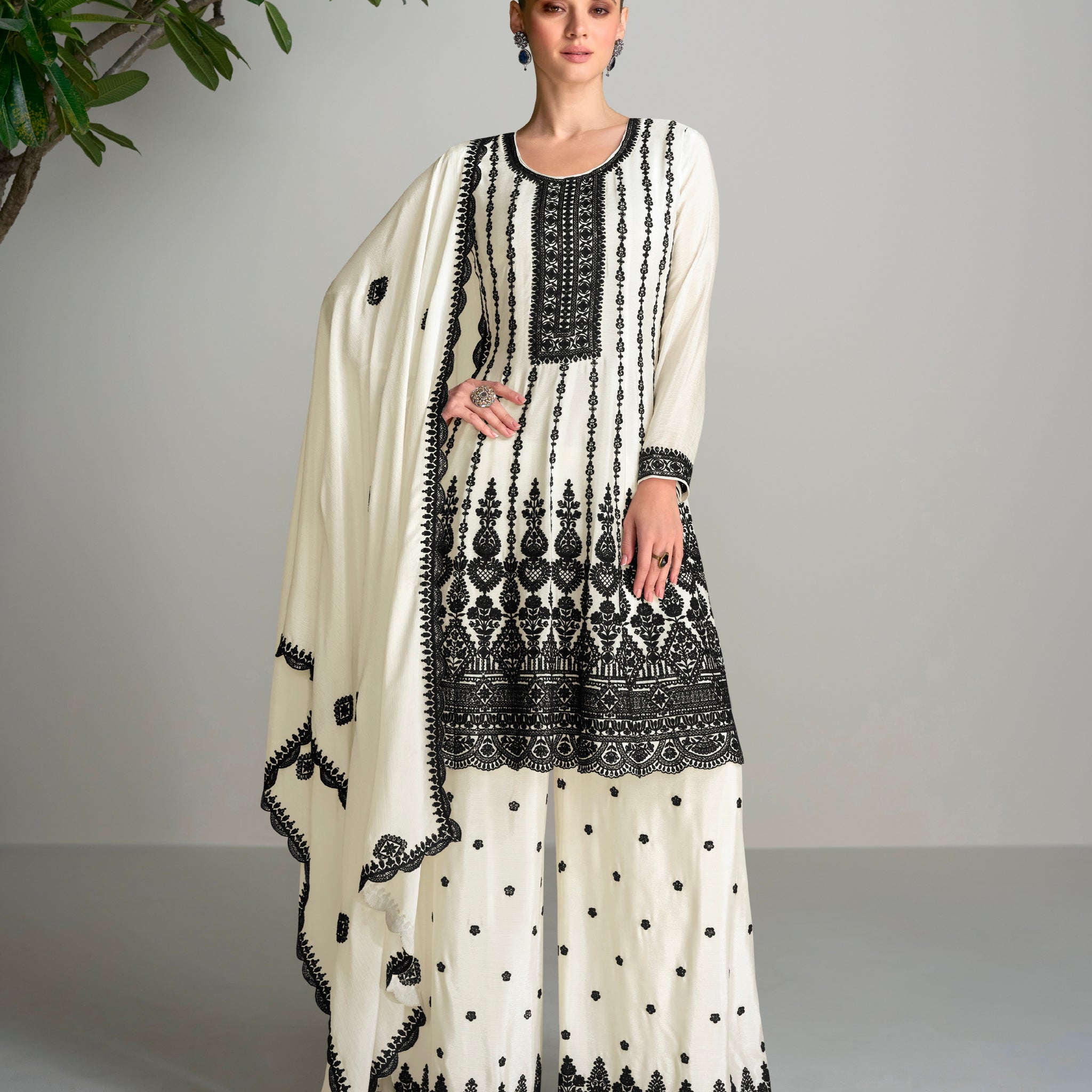Black & White Chinnon Silk Palazzo Suit with Embroidered Dupatta