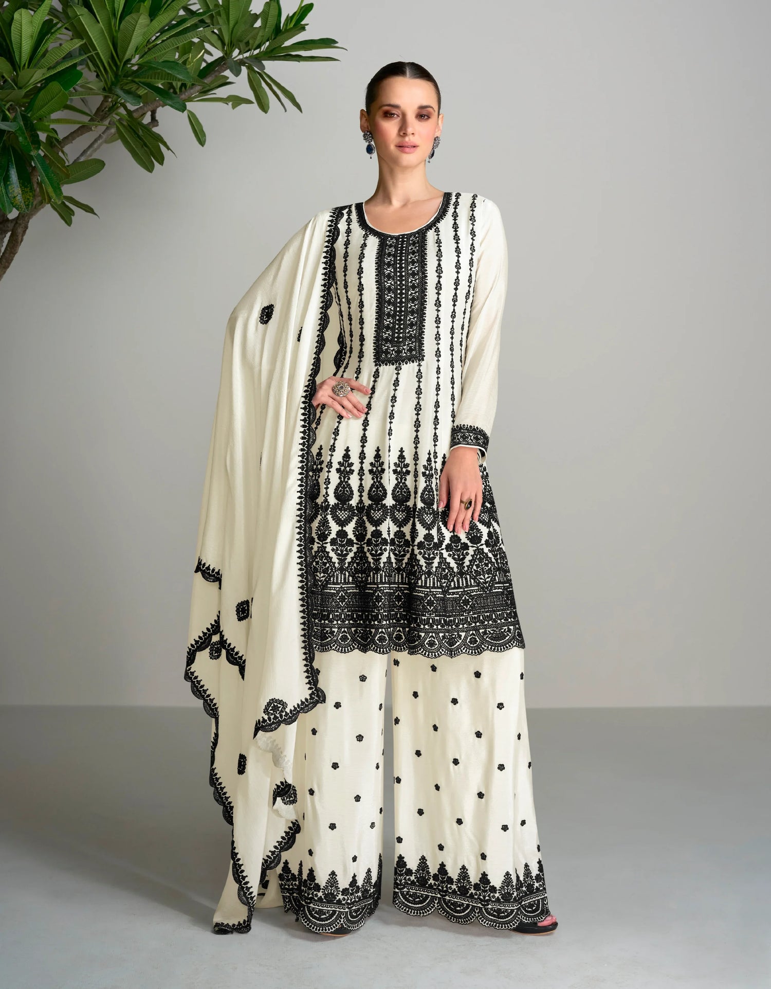 Black &amp; White Chinnon Silk Palazzo Suit with Embroidered Dupatta