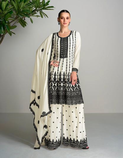 Black &amp; White Chinnon Silk Palazzo Suit with Embroidered Dupatta