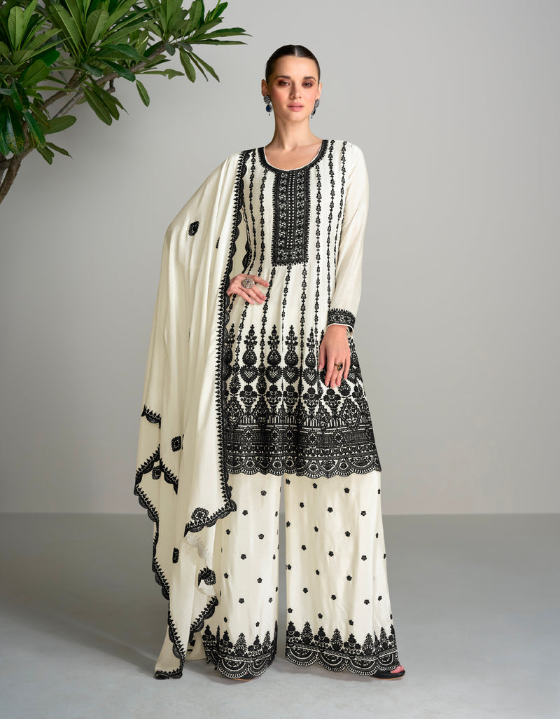 Black & White Chinnon Silk Palazzo Suit with Embroidered Dupatta
