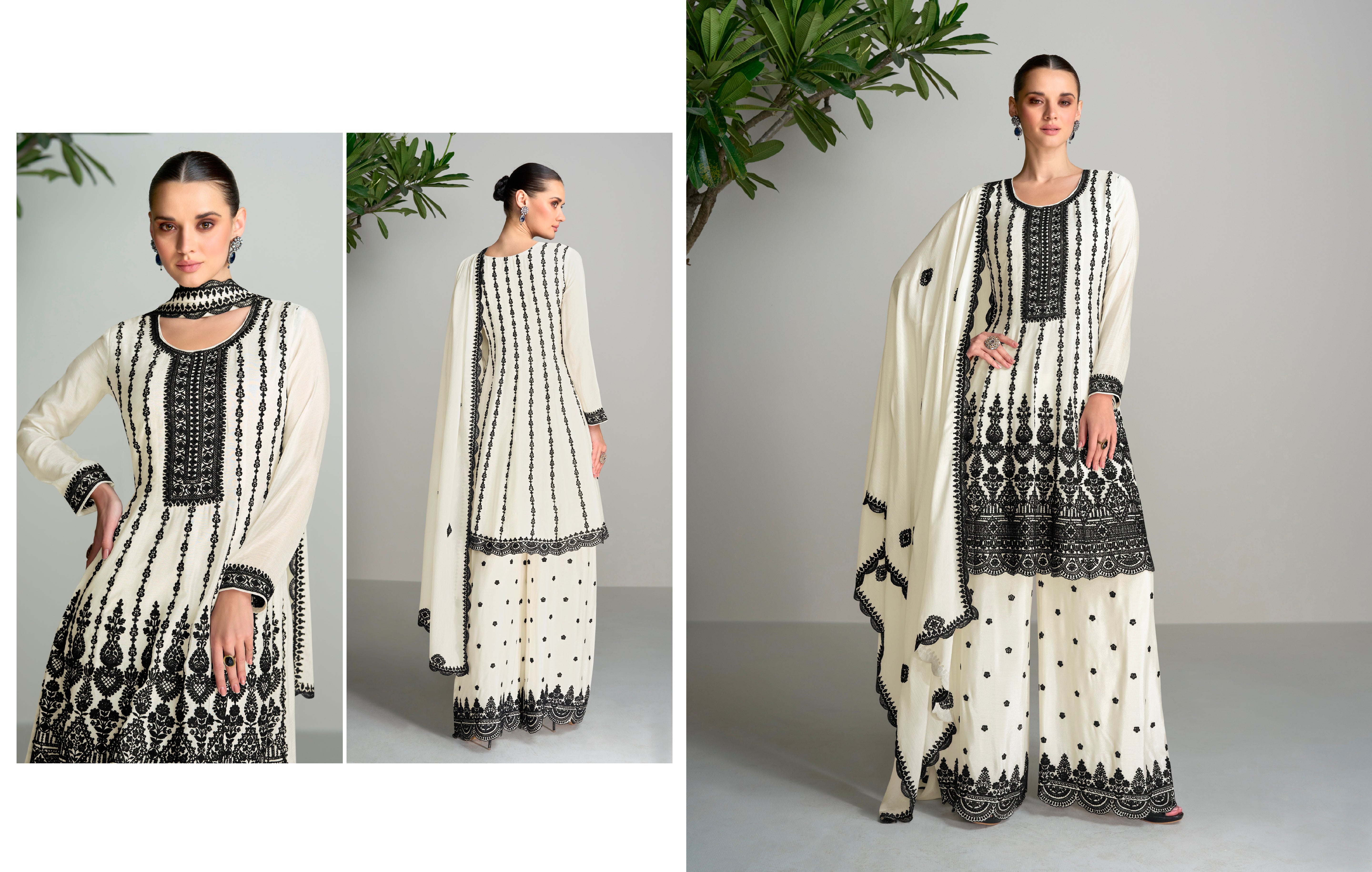 Black & White Chinnon Silk Palazzo Suit with Embroidered Dupatta