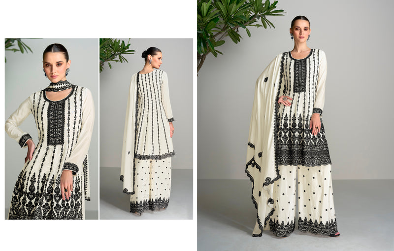 Black & White Chinnon Silk Palazzo Suit with Embroidered Dupatta