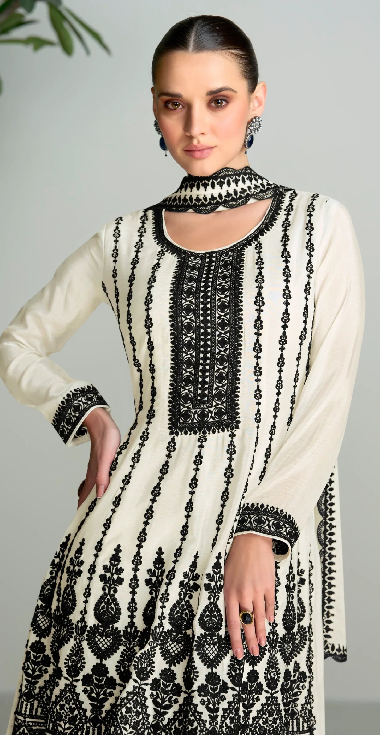 Black &amp; White Chinnon Silk Palazzo Suit with Embroidered Dupatta