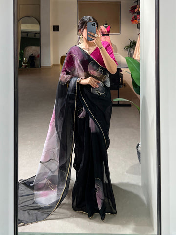 Beautiful Designer Party Wear Organza Floral with Foil Print Saree