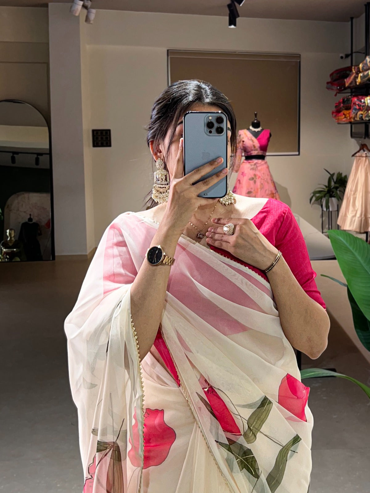 Beautiful Designer Party Wear Organza Floral with Foil Print Saree