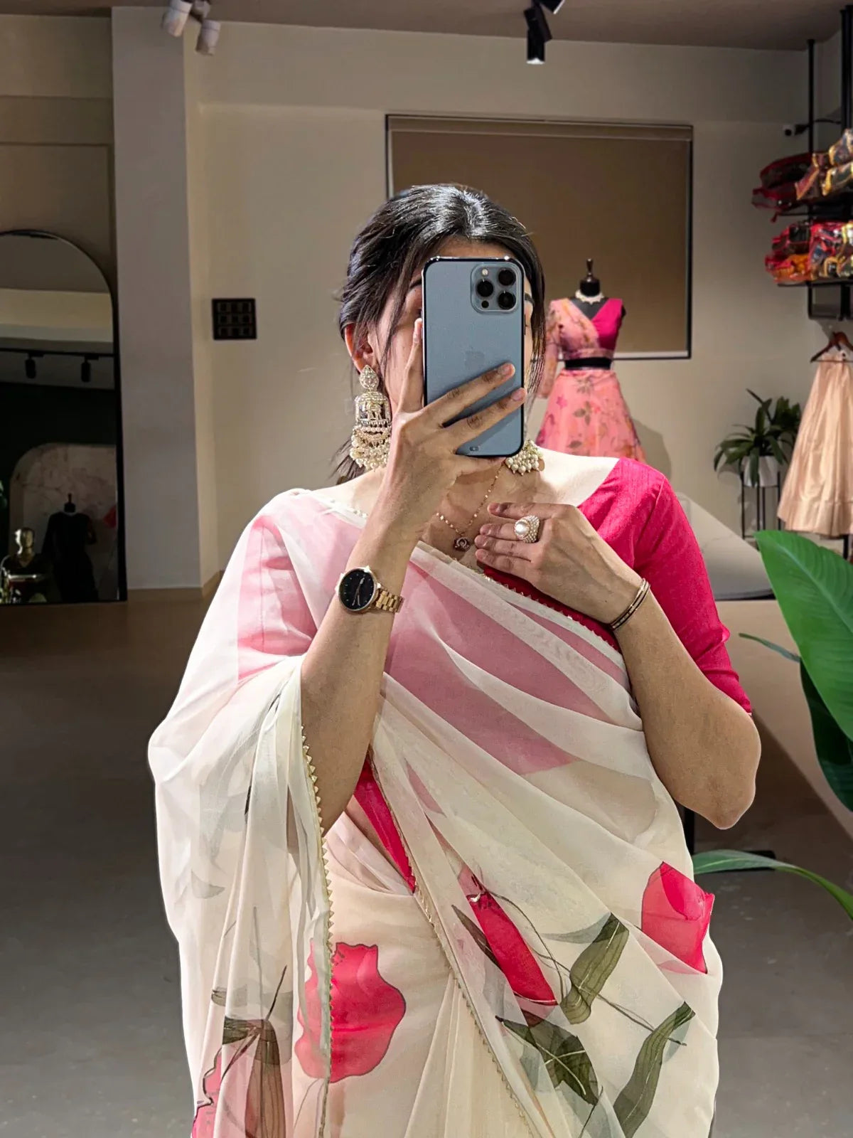 Beautiful Designer Party Wear Organza Floral with Foil Print Saree