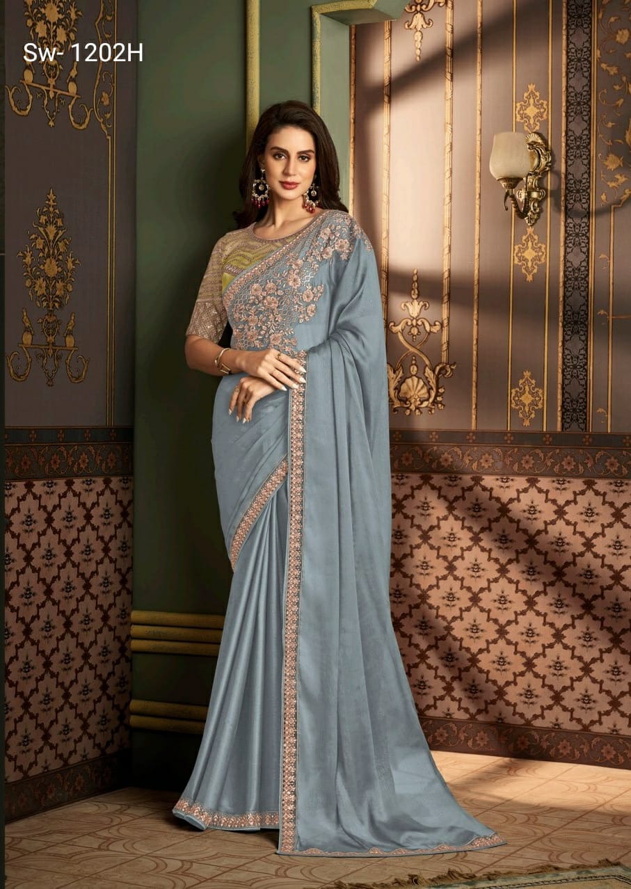 Beautiful Designer Party Wear Sandalwood Rainbow Silk Saree