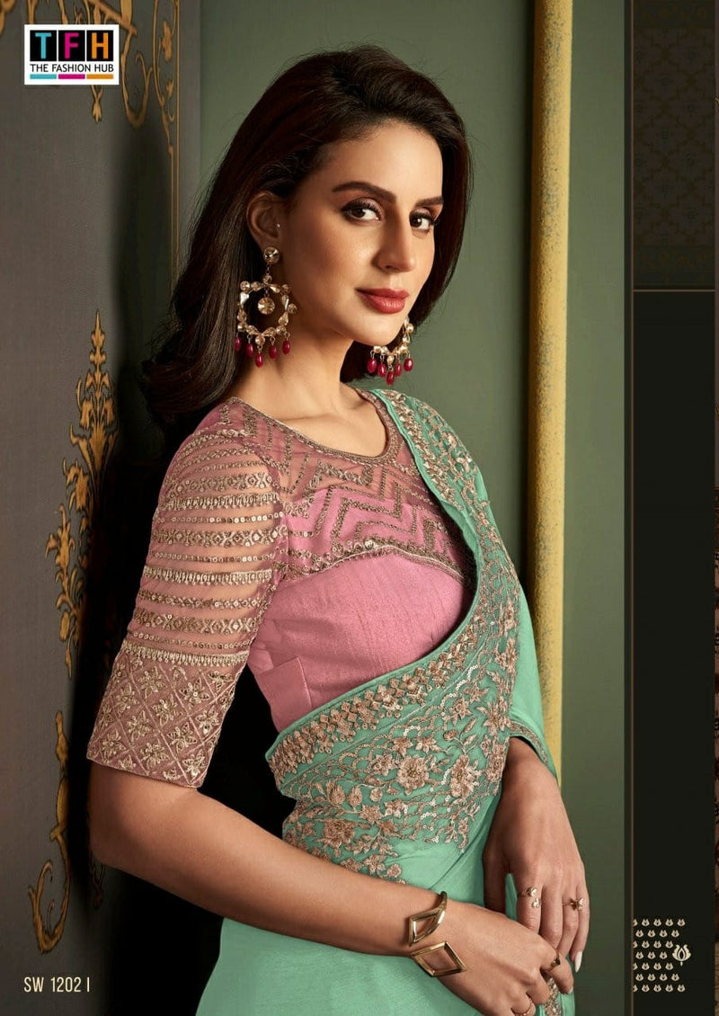 Beautiful Designer Party Wear Sandalwood Rainbow Silk Saree