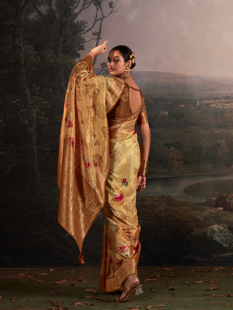 Beautiful Designer Wedding Wear Pure Zari Linen With Floral Print Saree