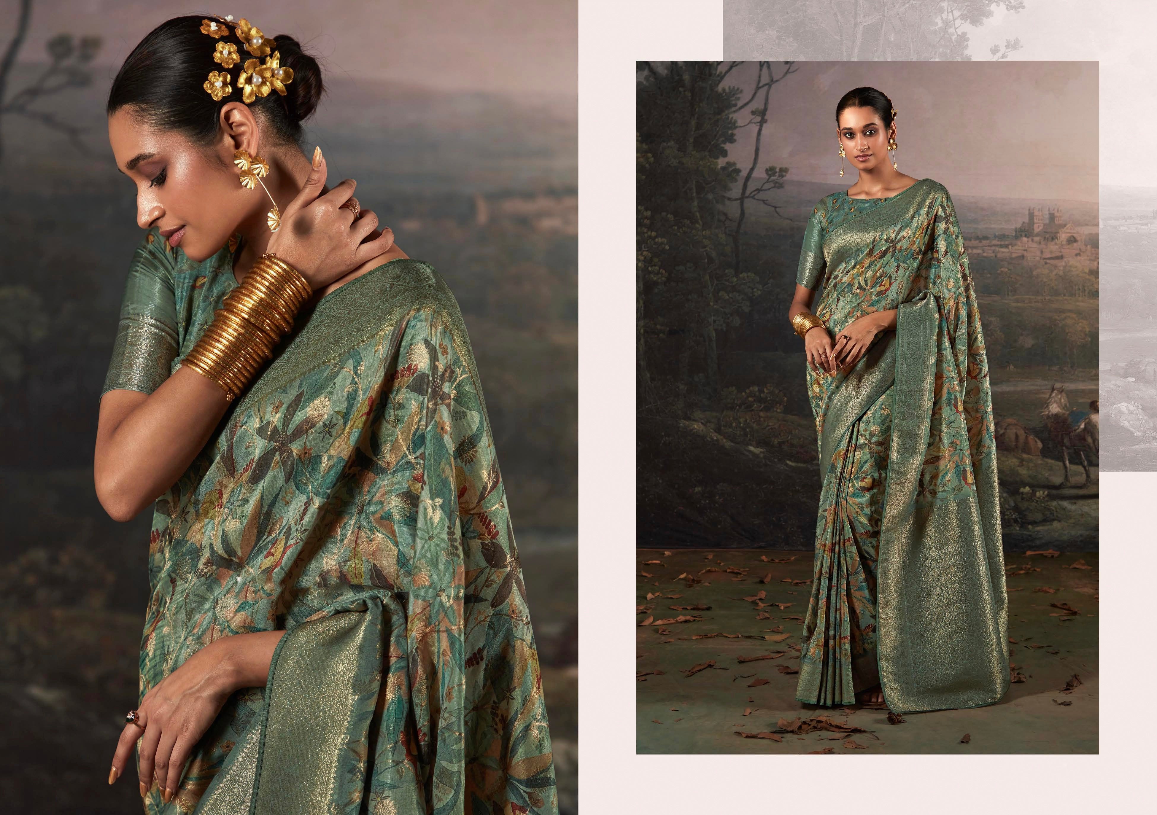 Beautiful Designer Wedding Wear Pure Zari Linen With Floral Print Saree