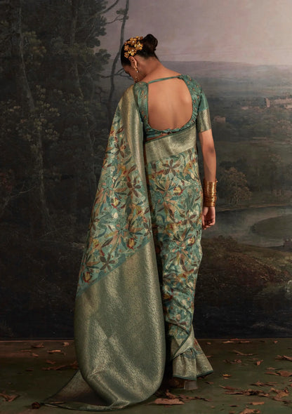 Beautiful Designer Wedding Wear Pure Zari Linen With Floral Print Saree