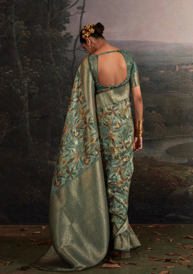 Beautiful Designer Wedding Wear Pure Zari Linen With Floral Print Saree