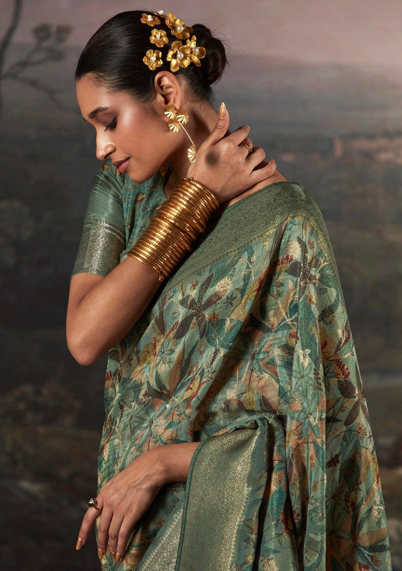 Beautiful Designer Wedding Wear Pure Zari Linen With Floral Print Saree