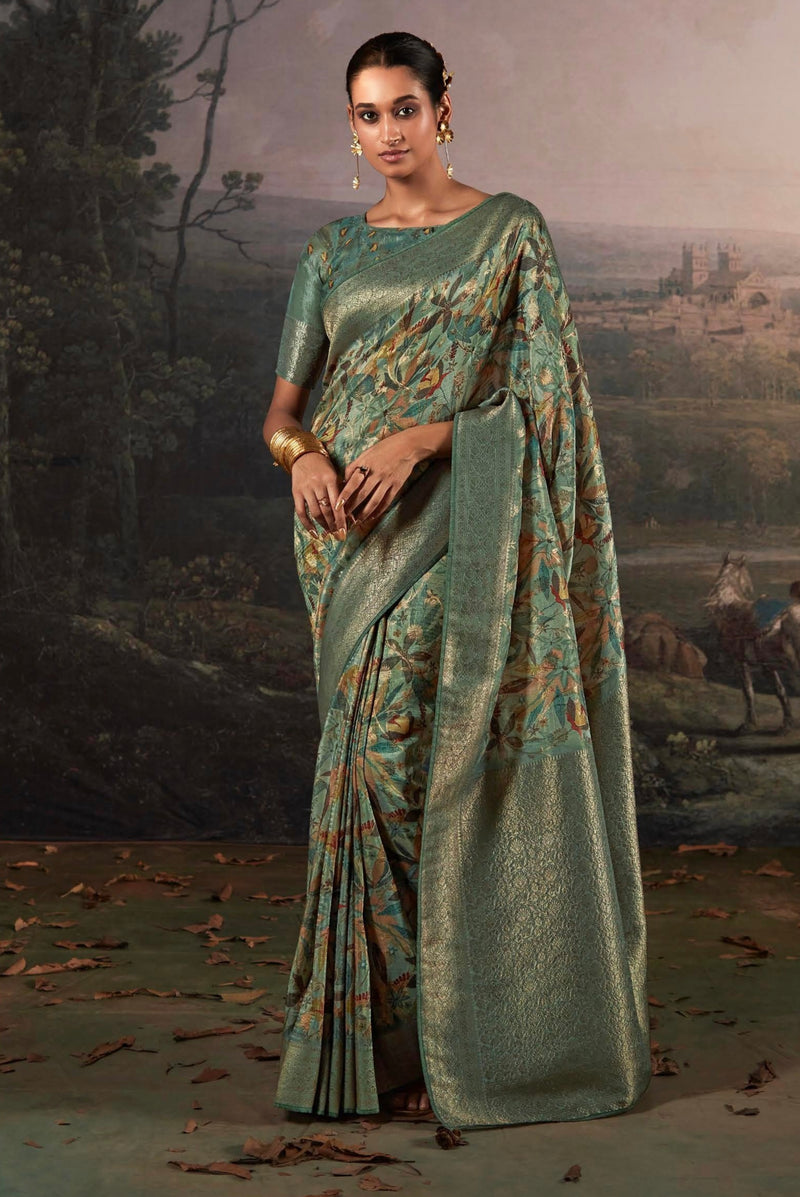 Beautiful Designer Wedding Wear Pure Zari Linen With Floral Print Saree
