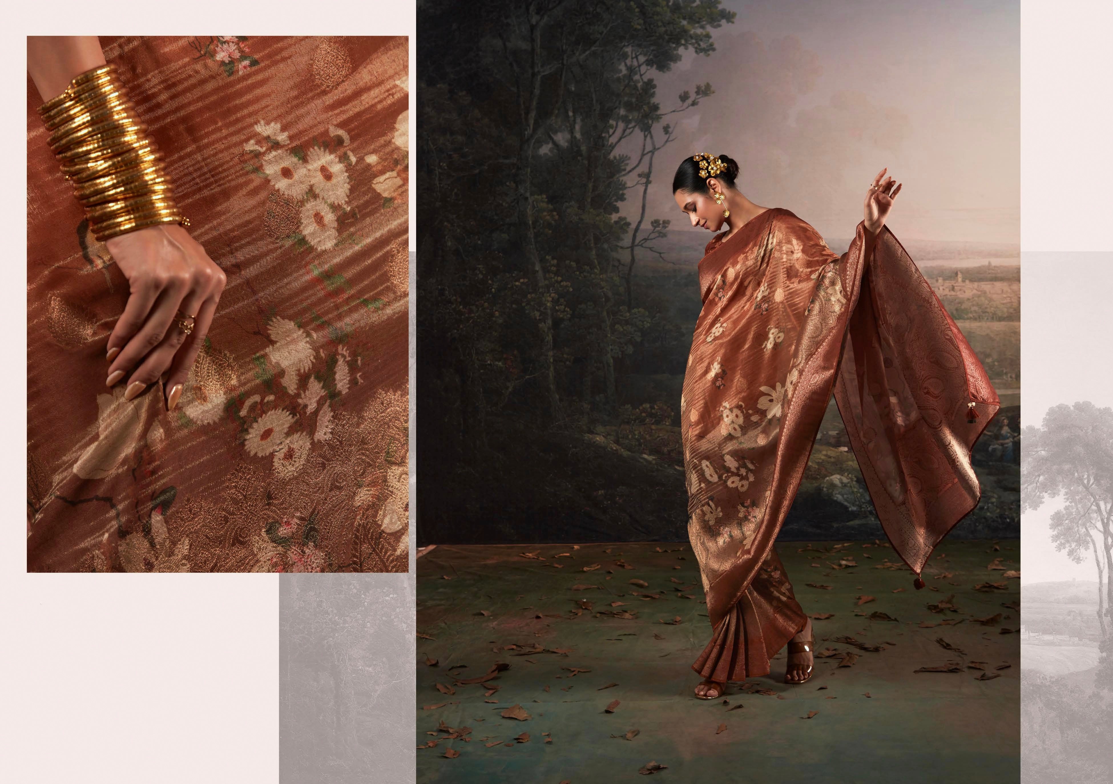 Beautiful Designer Wedding Wear Pure Zari Linen With Floral Print Saree