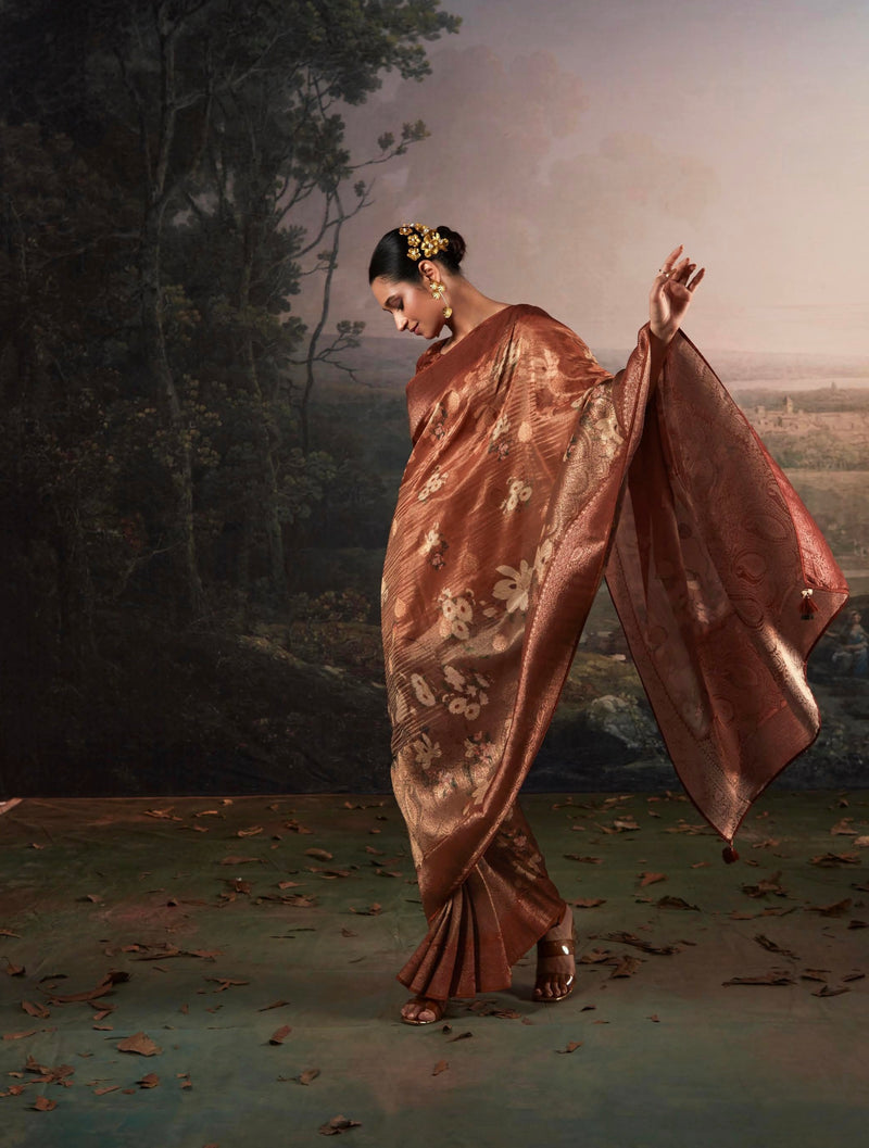 Beautiful Designer Wedding Wear Pure Zari Linen With Floral Print Saree