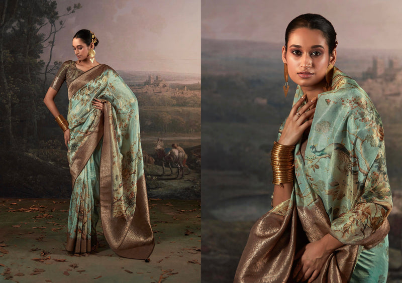 Beautiful Designer Wedding Wear Pure Zari Linen With Floral Print Saree