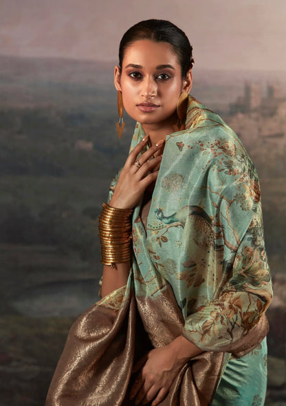 Beautiful Designer Wedding Wear Pure Zari Linen With Floral Print Saree