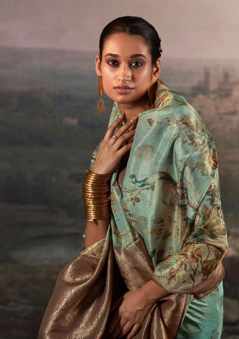 Beautiful Designer Wedding Wear Pure Zari Linen With Floral Print Saree