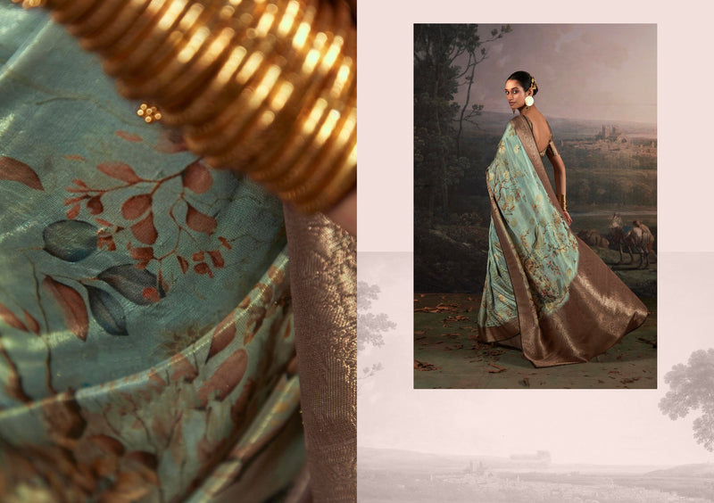Beautiful Designer Wedding Wear Pure Zari Linen With Floral Print Saree