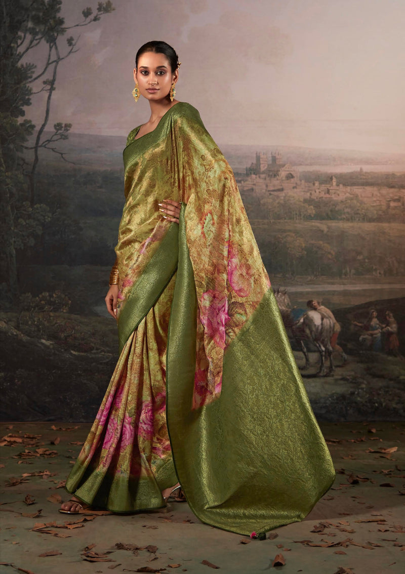 Beautiful Designer Wedding Wear Pure Zari Linen With Floral Print Saree