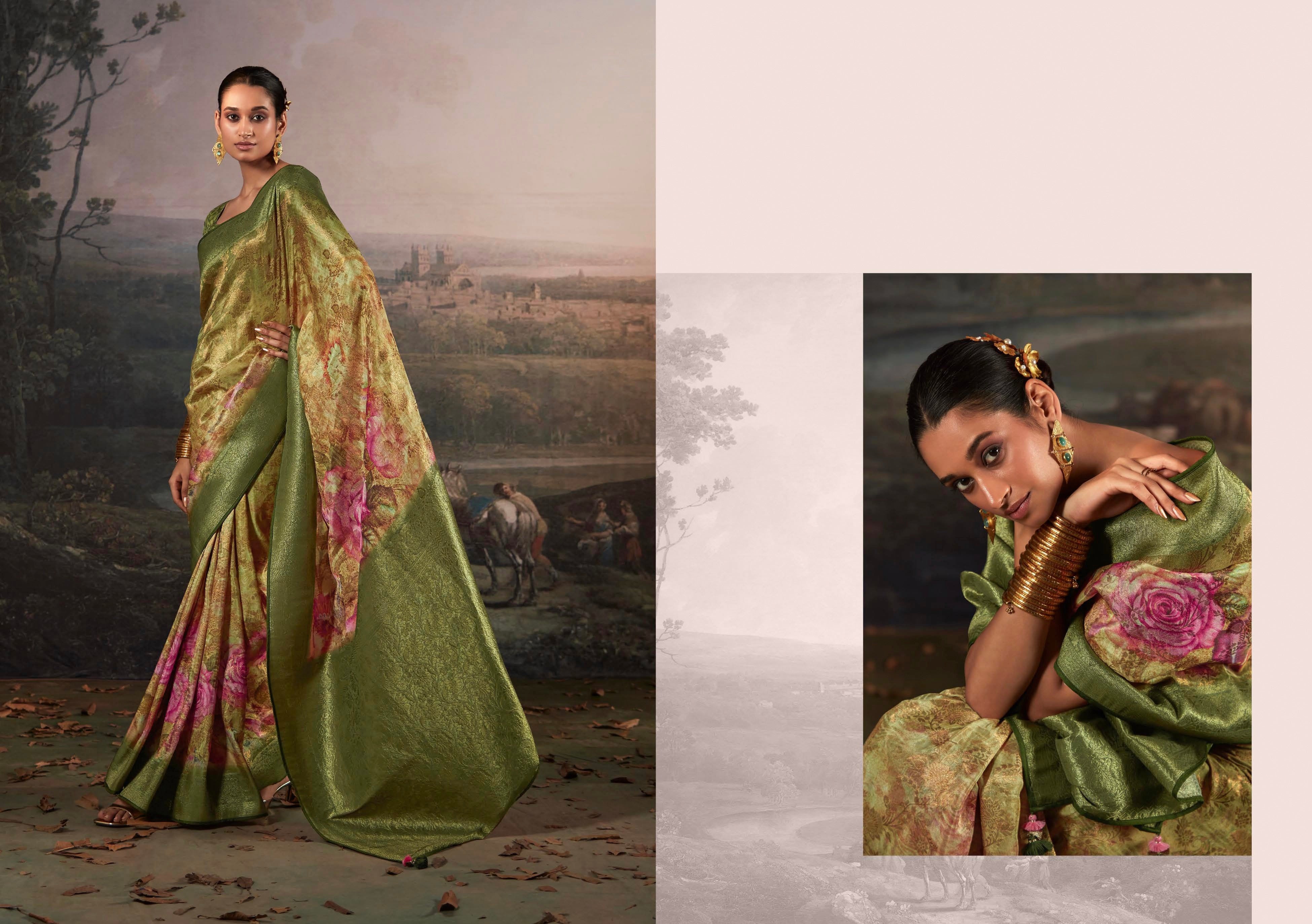 Beautiful Designer Wedding Wear Pure Zari Linen With Floral Print Saree
