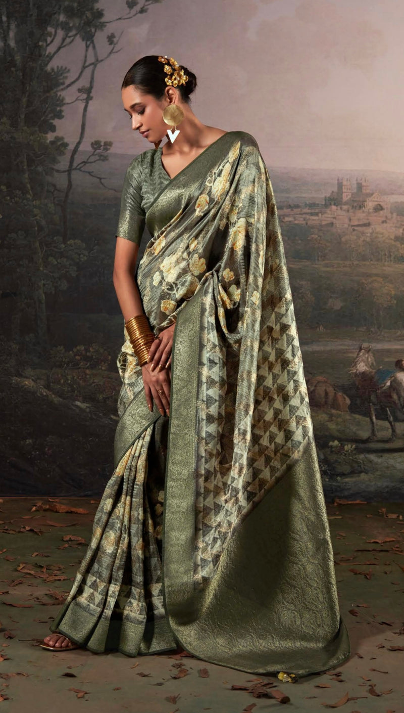 Beautiful Designer Wedding Wear Pure Zari Linen With Floral Print Saree