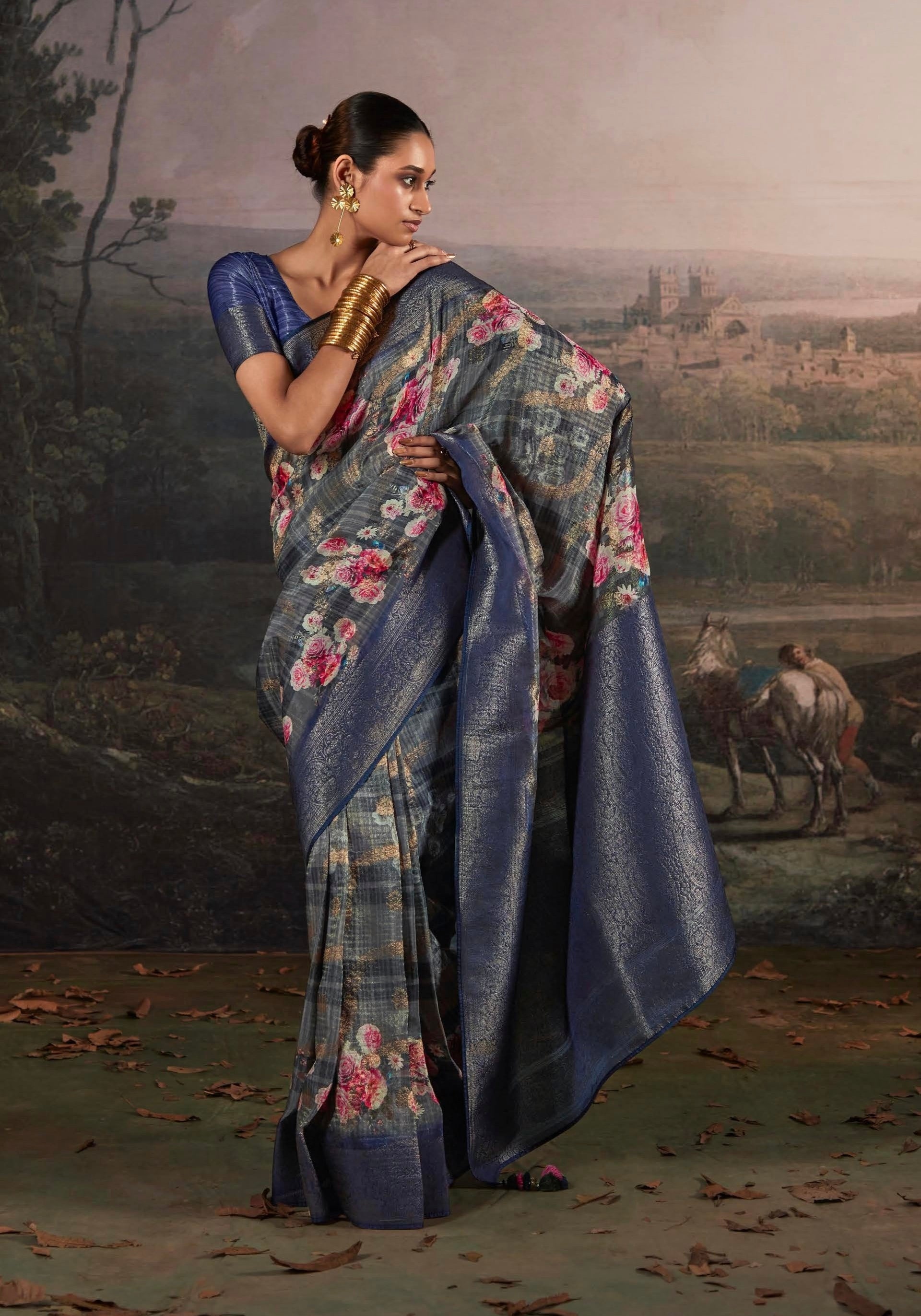 Beautiful Designer Wedding Wear Pure Zari Linen With Floral Print Saree