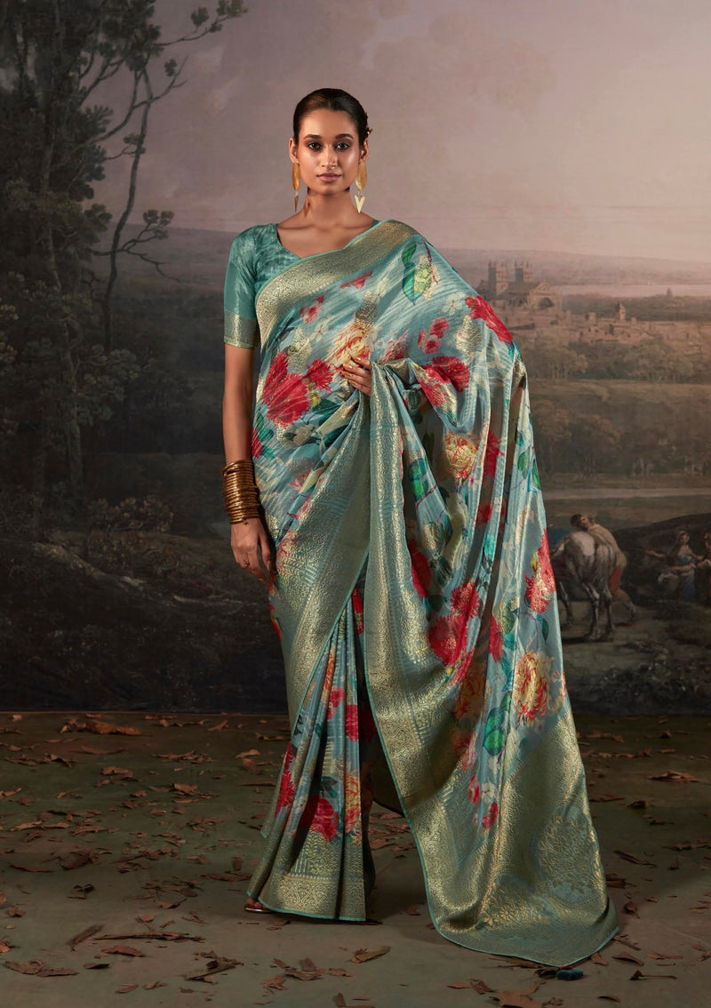 Beautiful Designer Wedding Wear Pure Zari Linen With Floral Print Saree