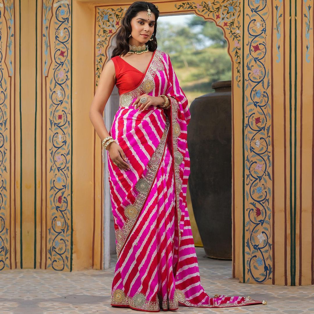 Beautiful Designer Soft Vichitra Silk Leriya Print Saree