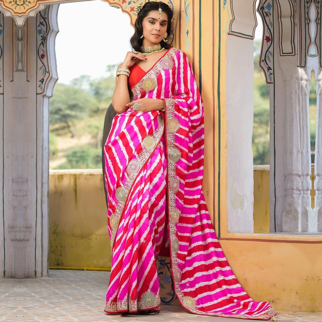 Beautiful Designer Soft Vichitra Silk Leriya Print Saree