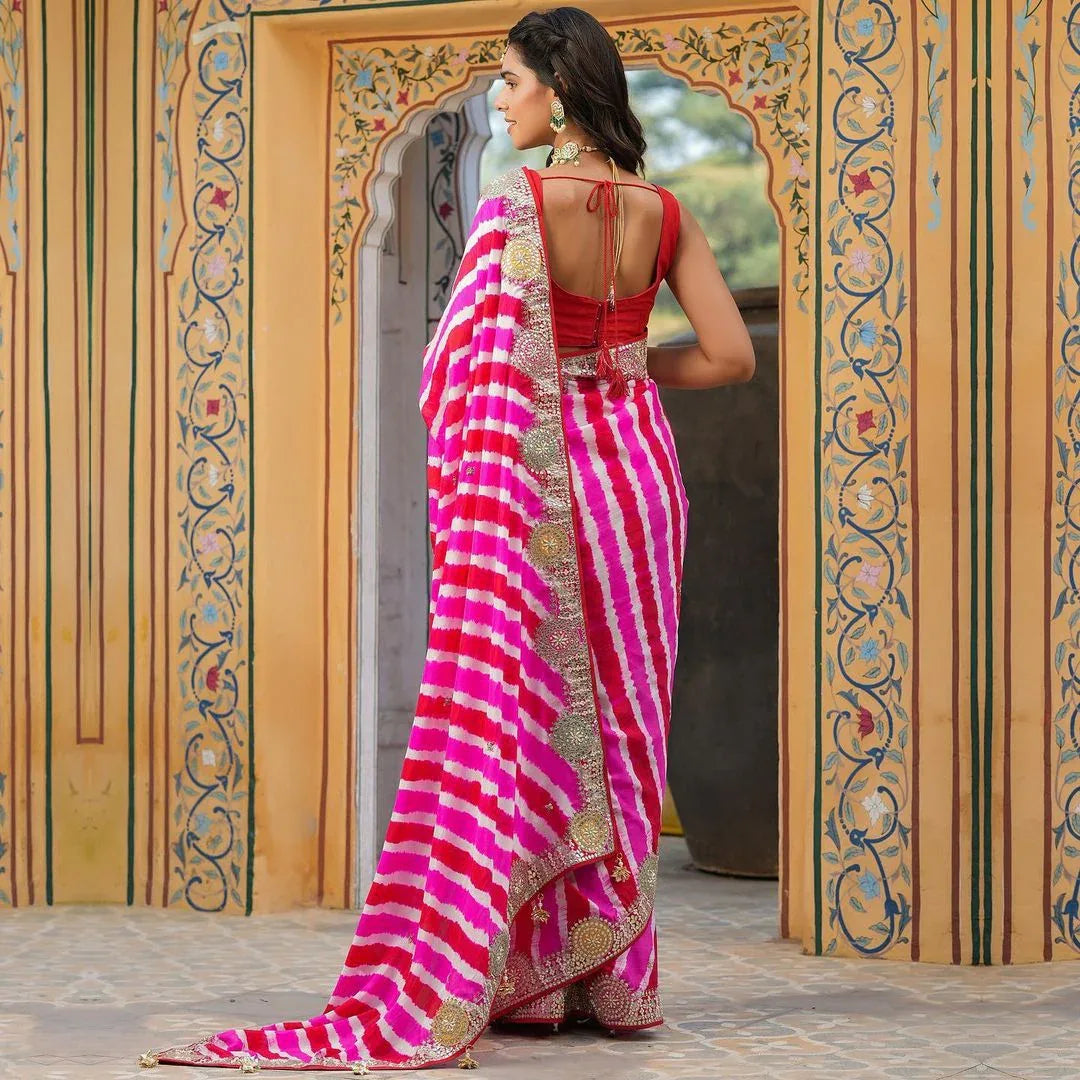 Beautiful Designer Soft Vichitra Silk Leriya Print Saree