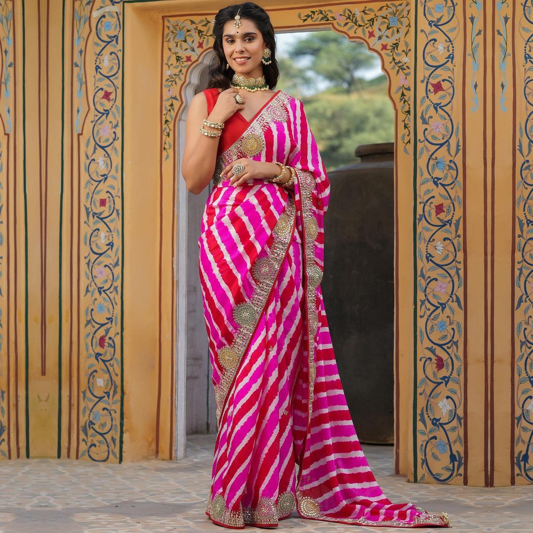Beautiful Designer Soft Vichitra Silk Leriya Print Saree