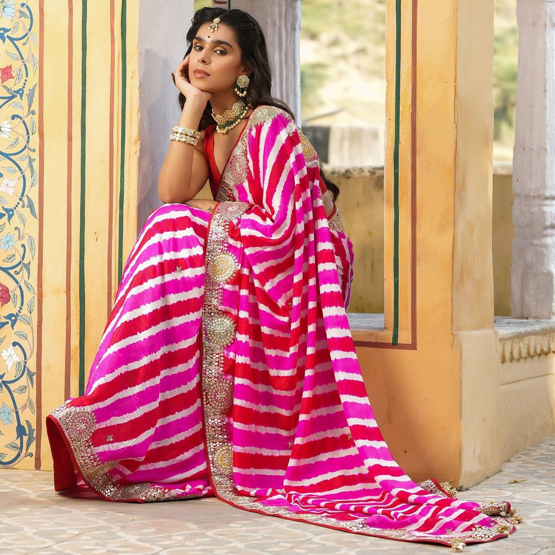 Beautiful Designer Soft Vichitra Silk Leriya Print Saree