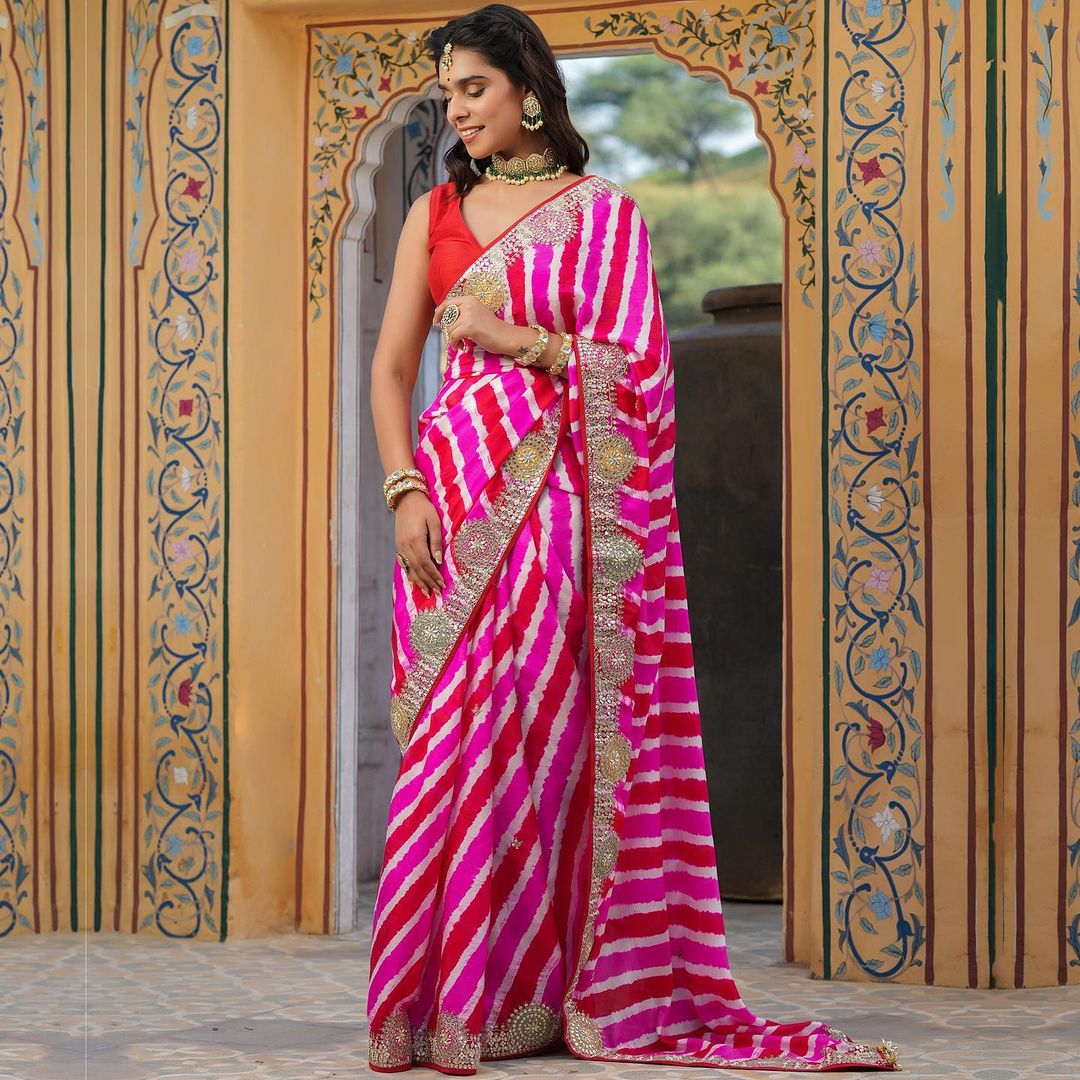 Beautiful Designer Soft Vichitra Silk Leriya Print Saree