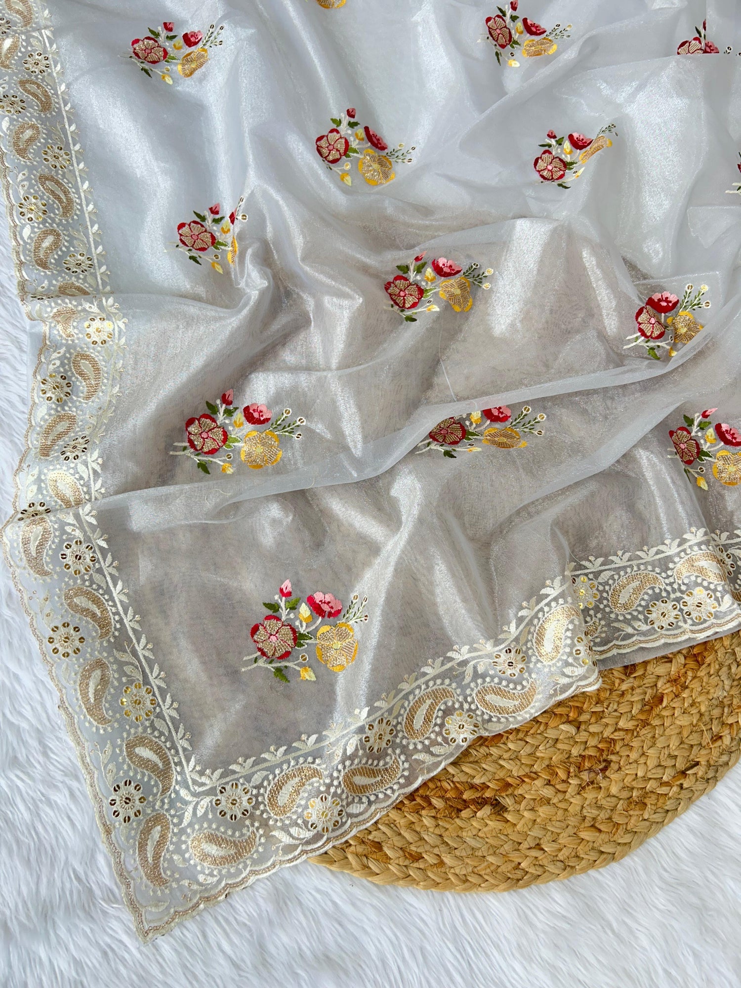 Beautiful Designer Soft Silver Tissue Silk Saree