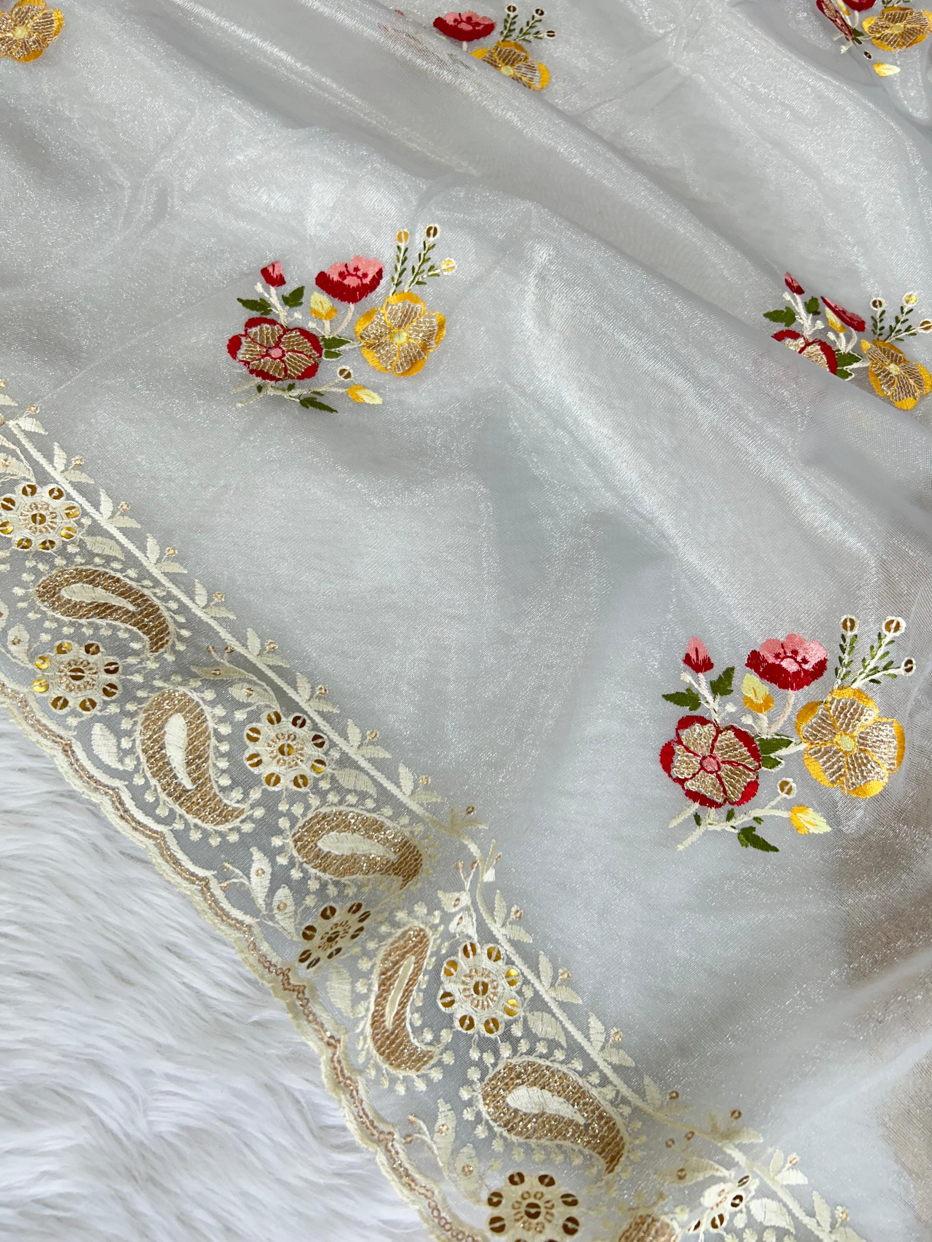 Beautiful Designer Soft Silver Tissue Silk Saree